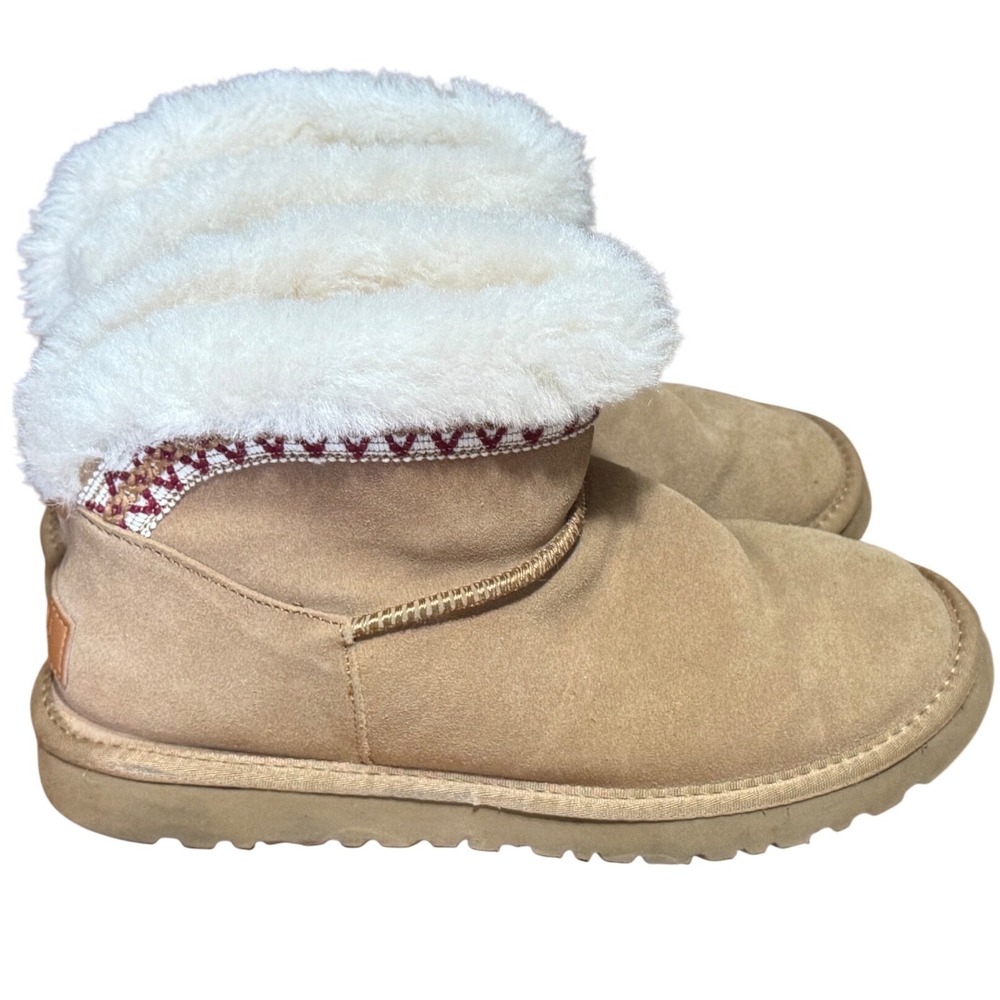 UGG Australia Mini Boots Womens 40 Embroidered Shearling Suede Chestnut Tan
